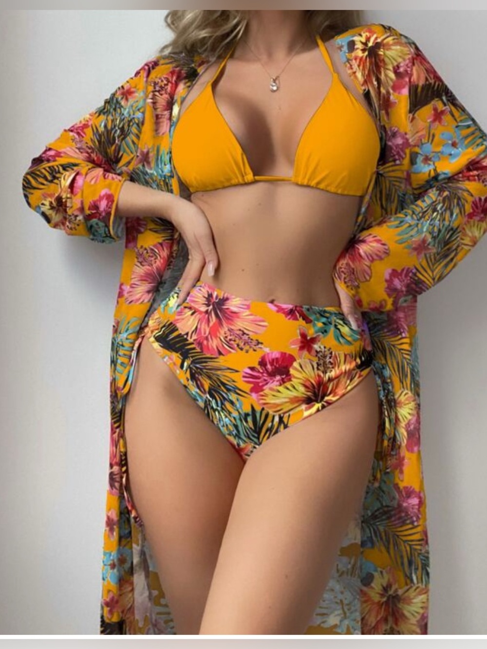 Women’s Yellow Floral High-Waist Bikini Set with Cover-Up